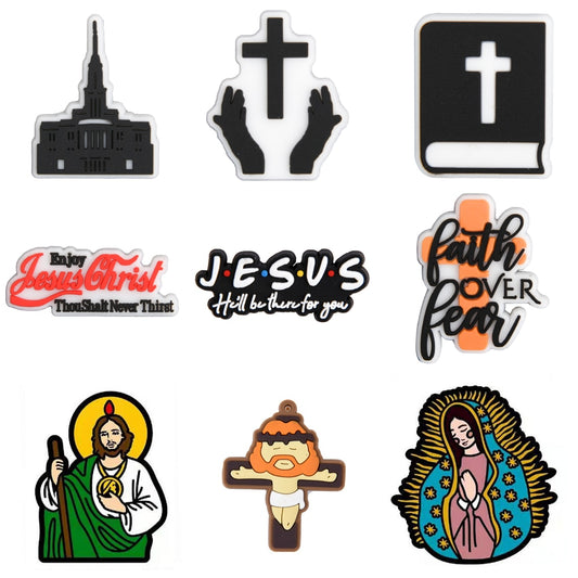 Christian Croc Shoe Charms Black Cross Bible Shoes Decorations The Virgin Mary Bracelet Accessories Saints for Adult Men Women
